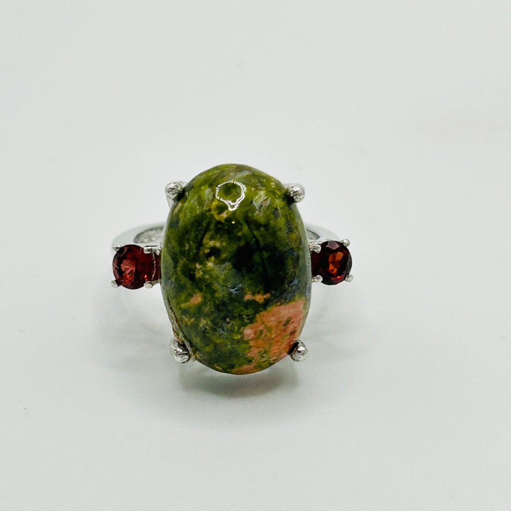 Unakite and Garnet Ring; Size 6.75; Stainless Steel